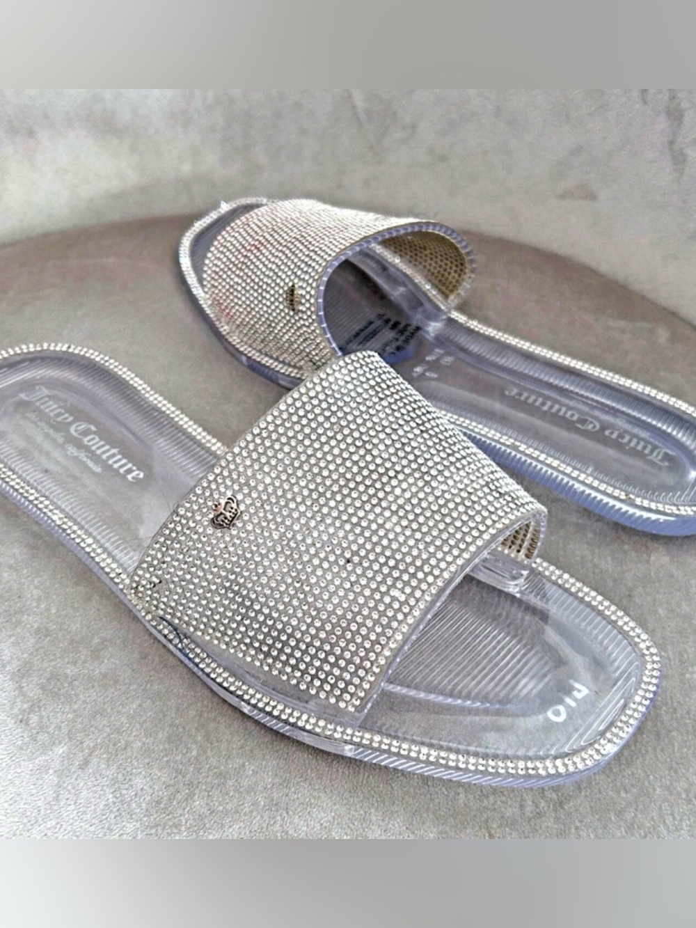 9 Juicy Couture Clear Bling Rhinestones Sandals Shoes Slides Flats Women’s